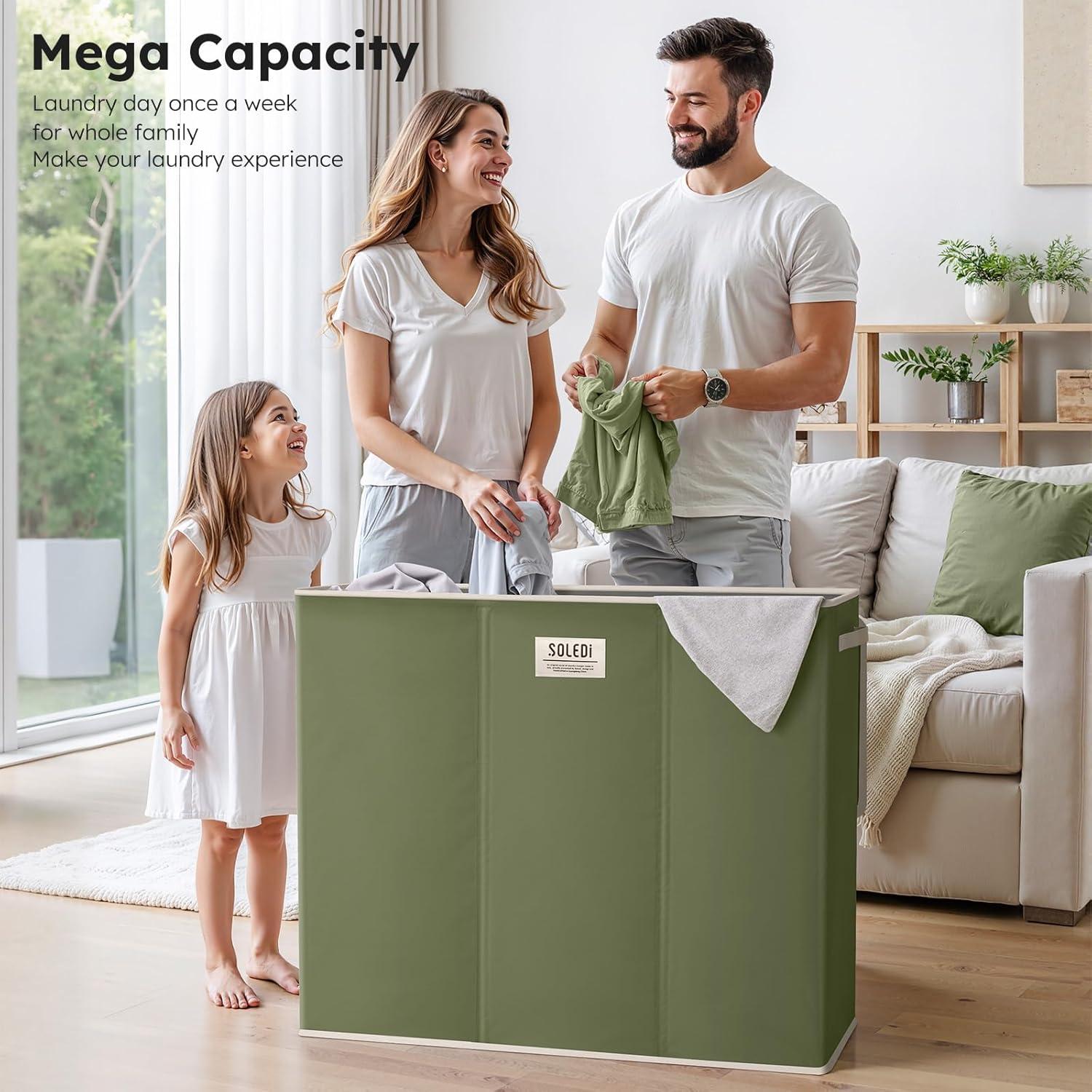 Cesto de Ropa SOLEDI 180L 3 Secciones con Tapa Verde