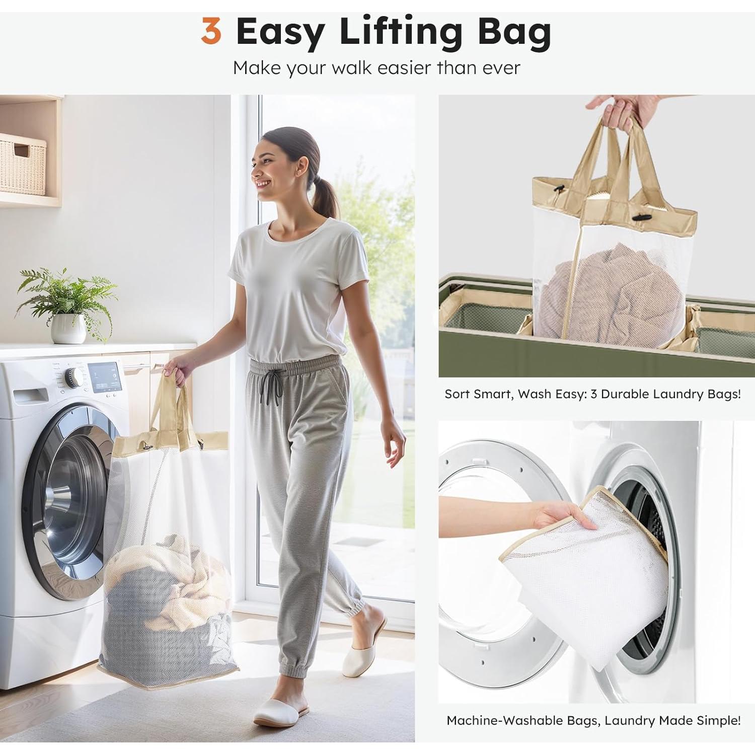 Cesto de Ropa SOLEDI 180L 3 Secciones con Tapa Verde