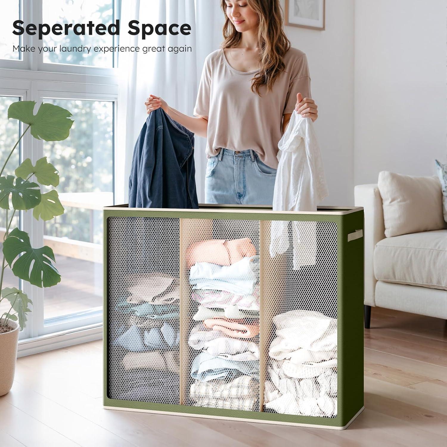 Cesto de Ropa SOLEDI 180L 3 Secciones con Tapa Verde