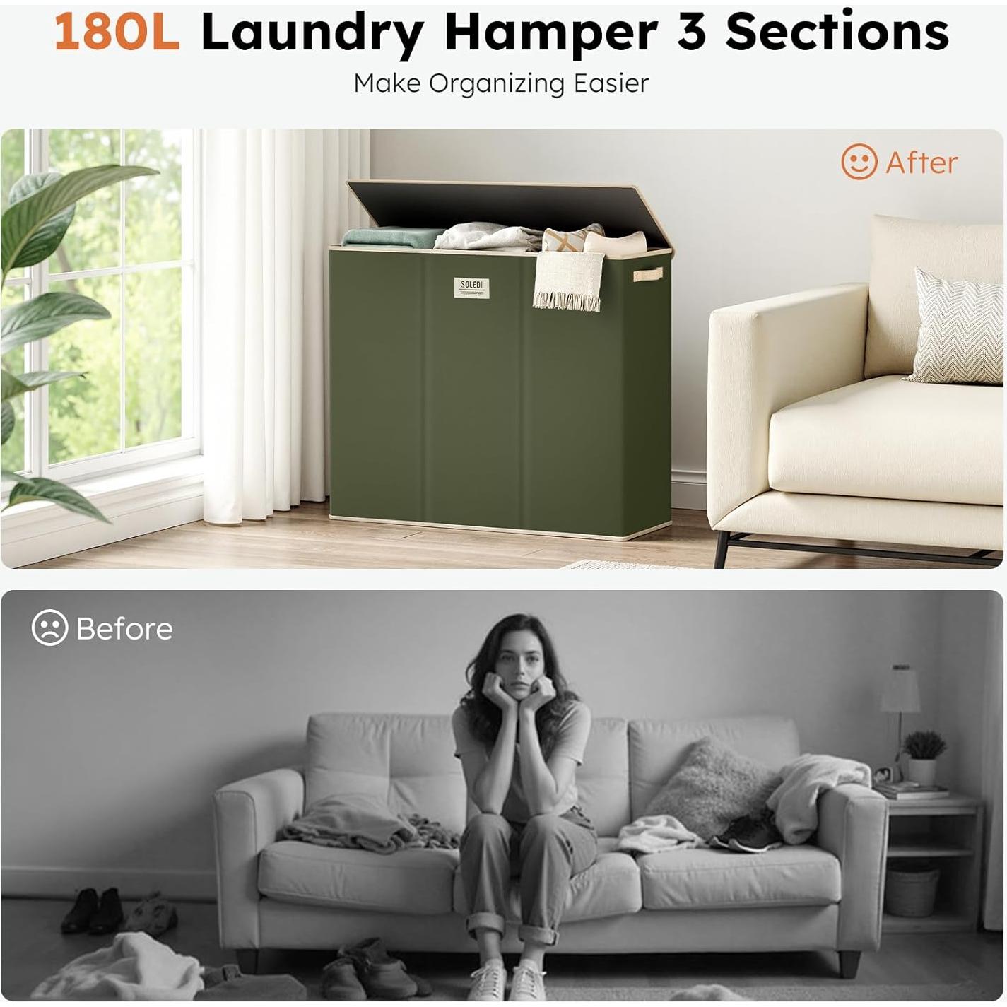 Cesto de Ropa SOLEDI 180L 3 Secciones con Tapa Verde