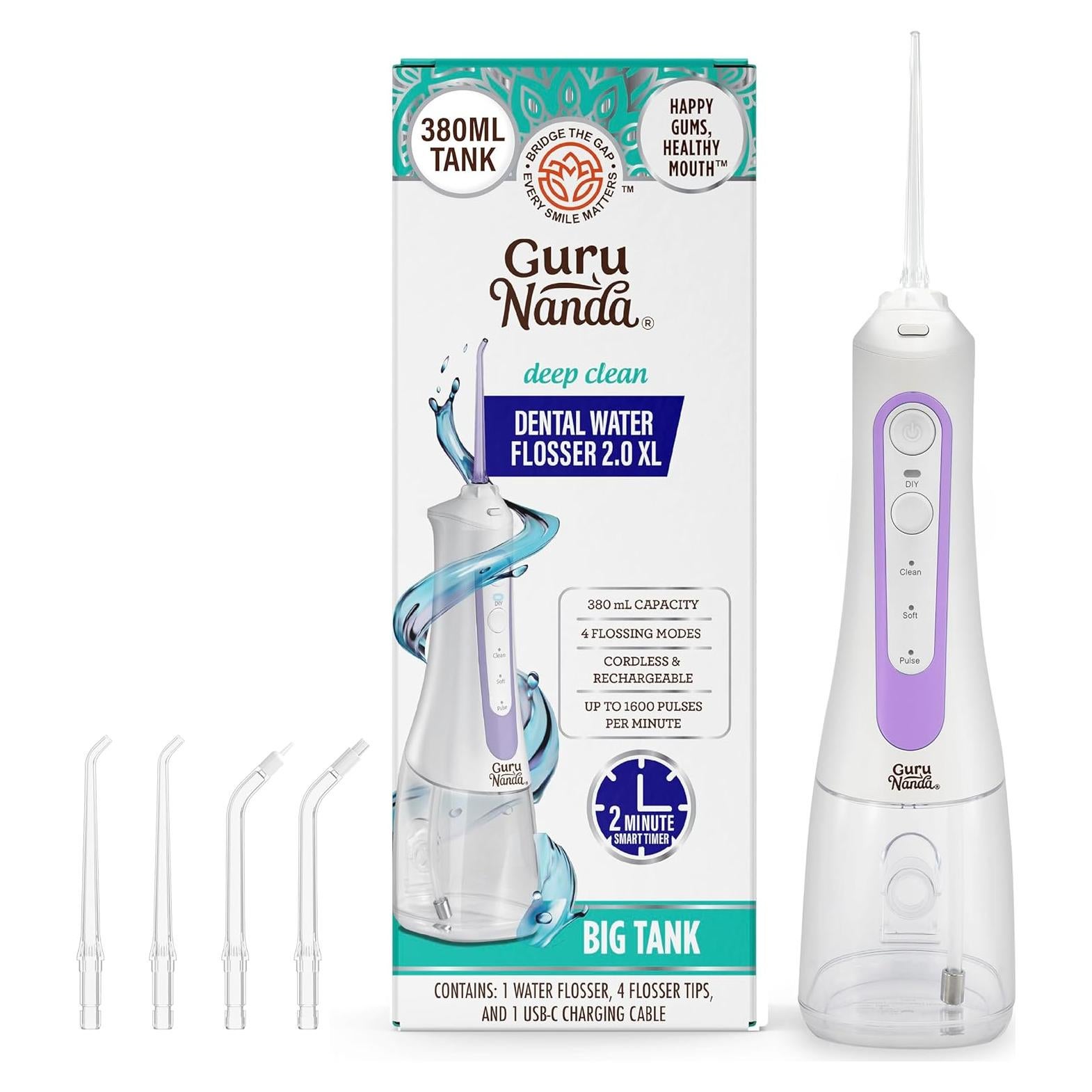 Irrigador Dental GuruNanda 2.0 XL Inalámbrico 380ml Lavanda