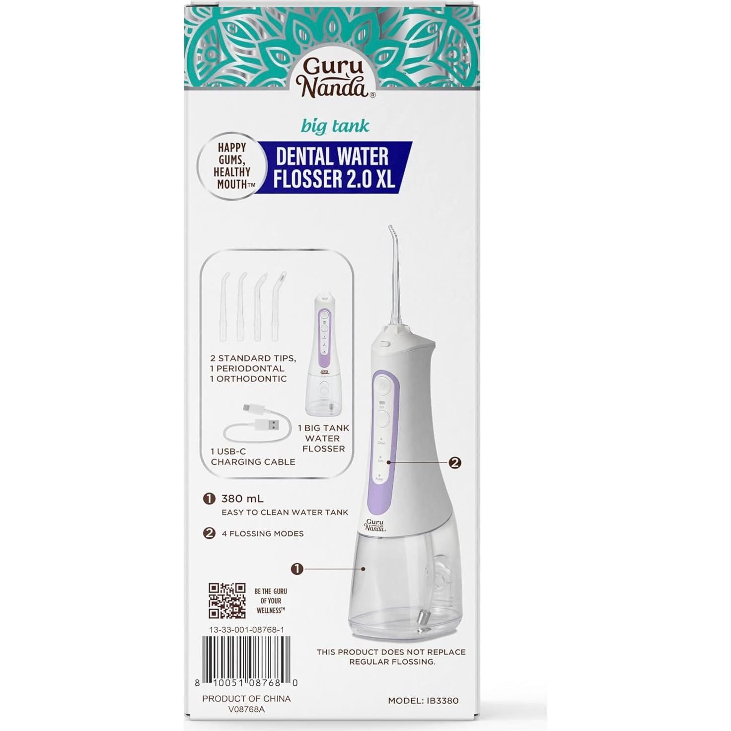 Irrigador Dental GuruNanda 2.0 XL Inalámbrico 380ml Lavanda