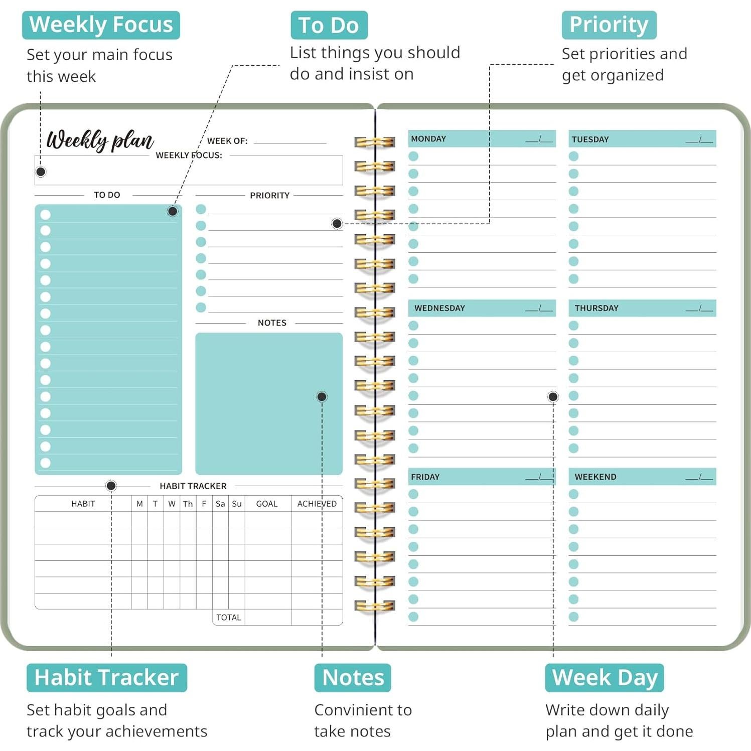 Planificador Semanal Sin Fecha Taja A5 Verde 15.5x20.8cm