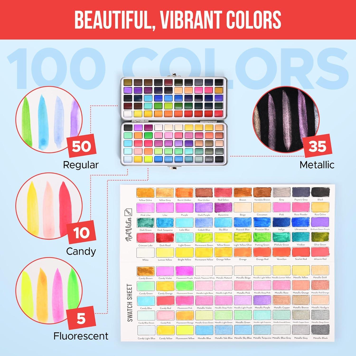 Conjunto de Pintura Acuarela Art Vista 100 Colores Brillantes