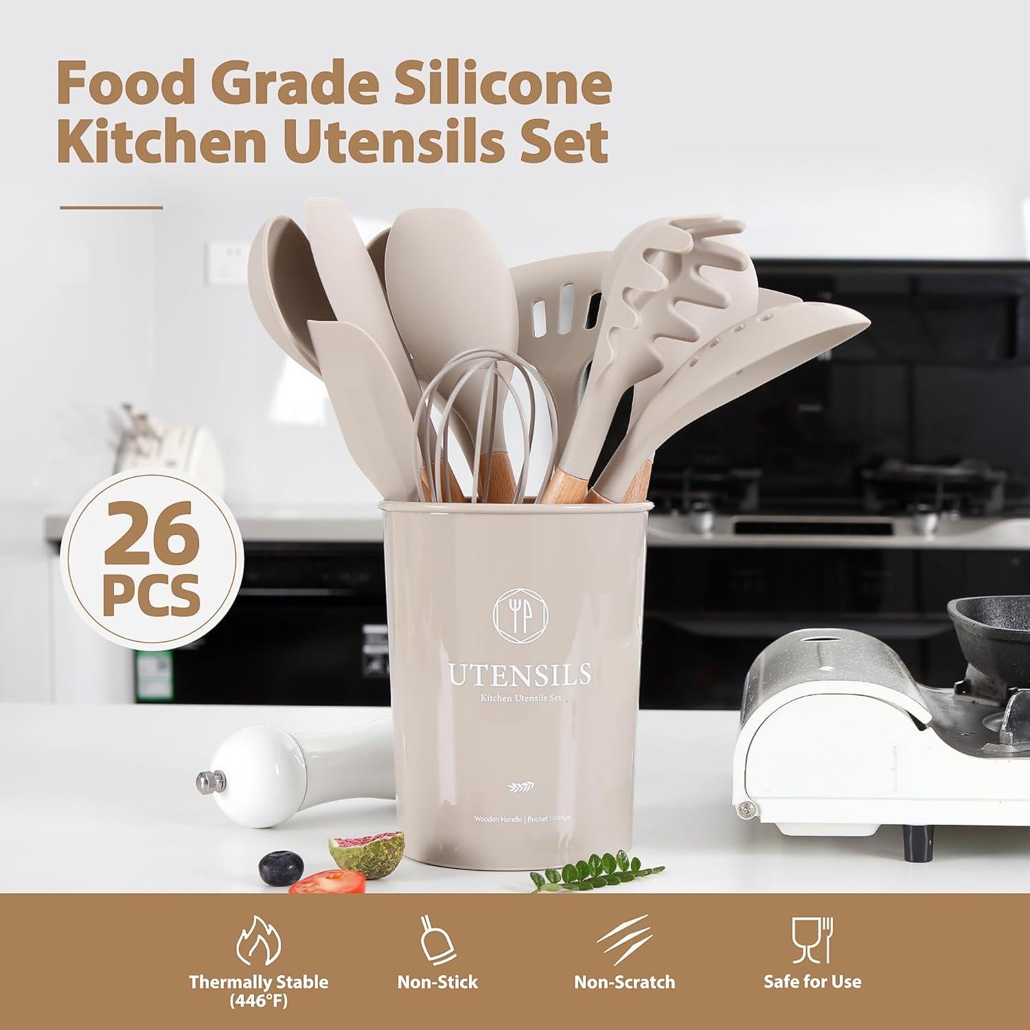 Juego de Utensilios de Cocina Silicona NCUE 26 Piezas Caqui