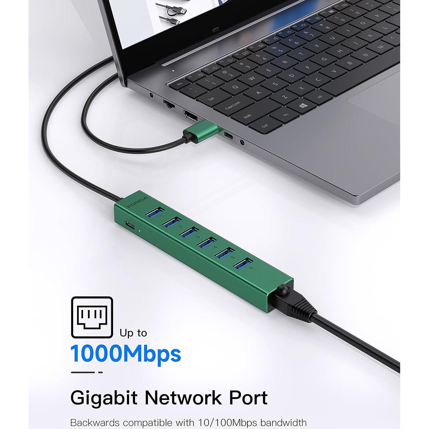 Hub USB 3.0 FORIDA 8 Puertos con Ethernet Gigabit y Carga 5V