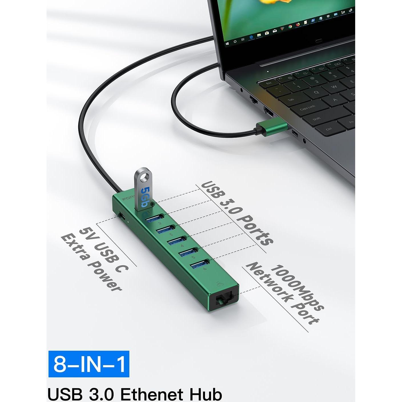 Hub USB 3.0 FORIDA 8 Puertos con Ethernet Gigabit y Carga 5V