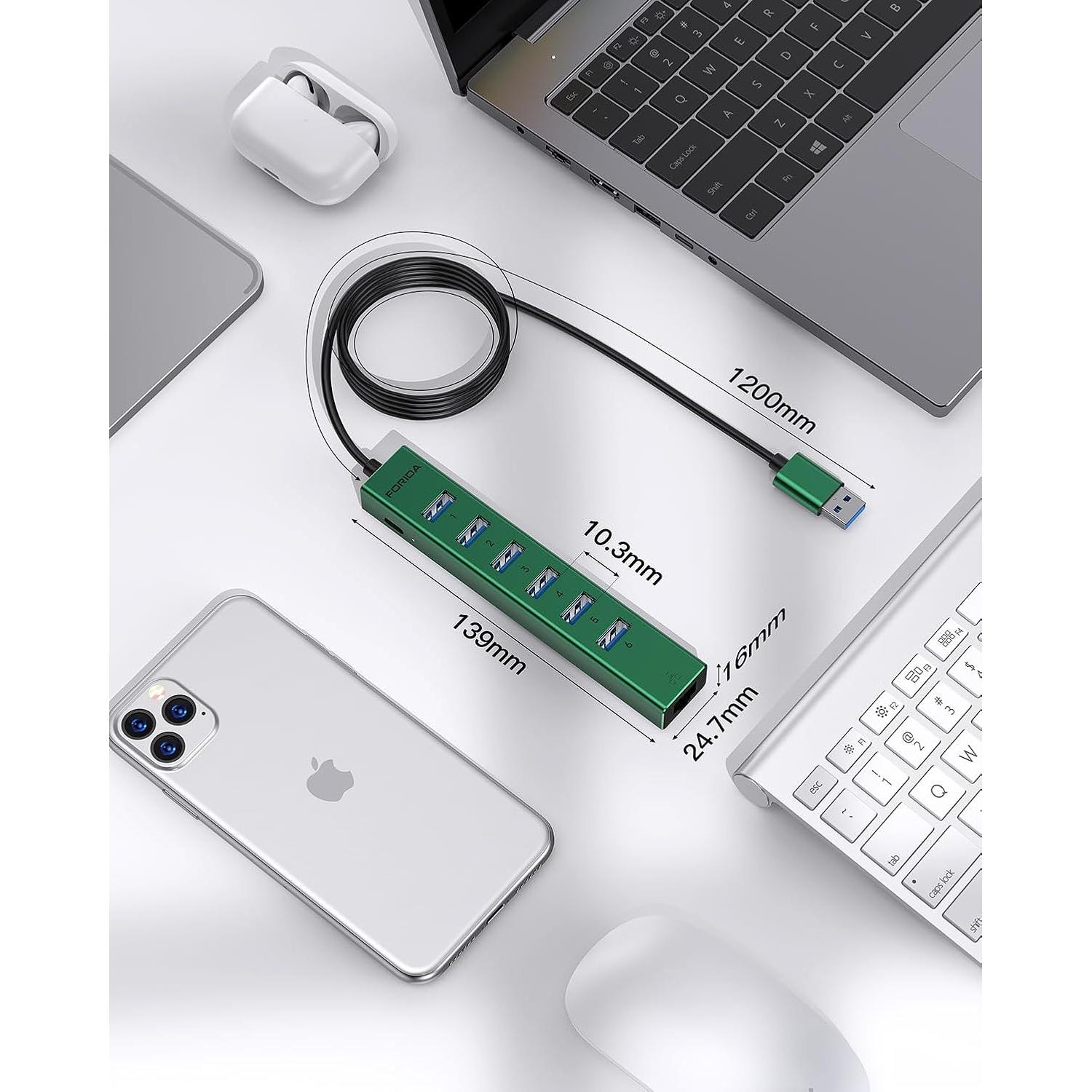 Hub USB 3.0 FORIDA 8 Puertos con Ethernet Gigabit y Carga 5V