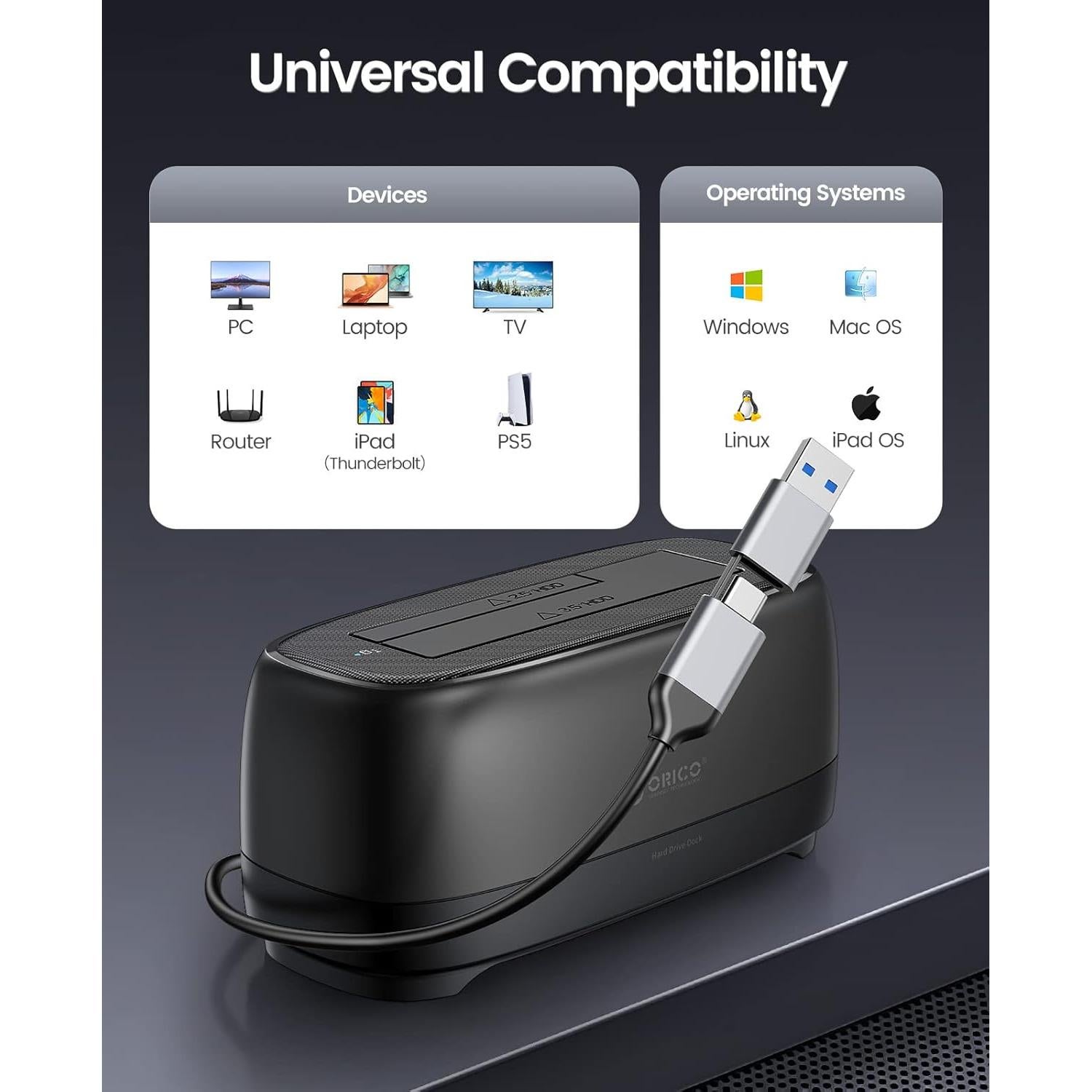 Estación de Acoplamiento ORICO para Disco Duro 2.5"/3.5" 22TB