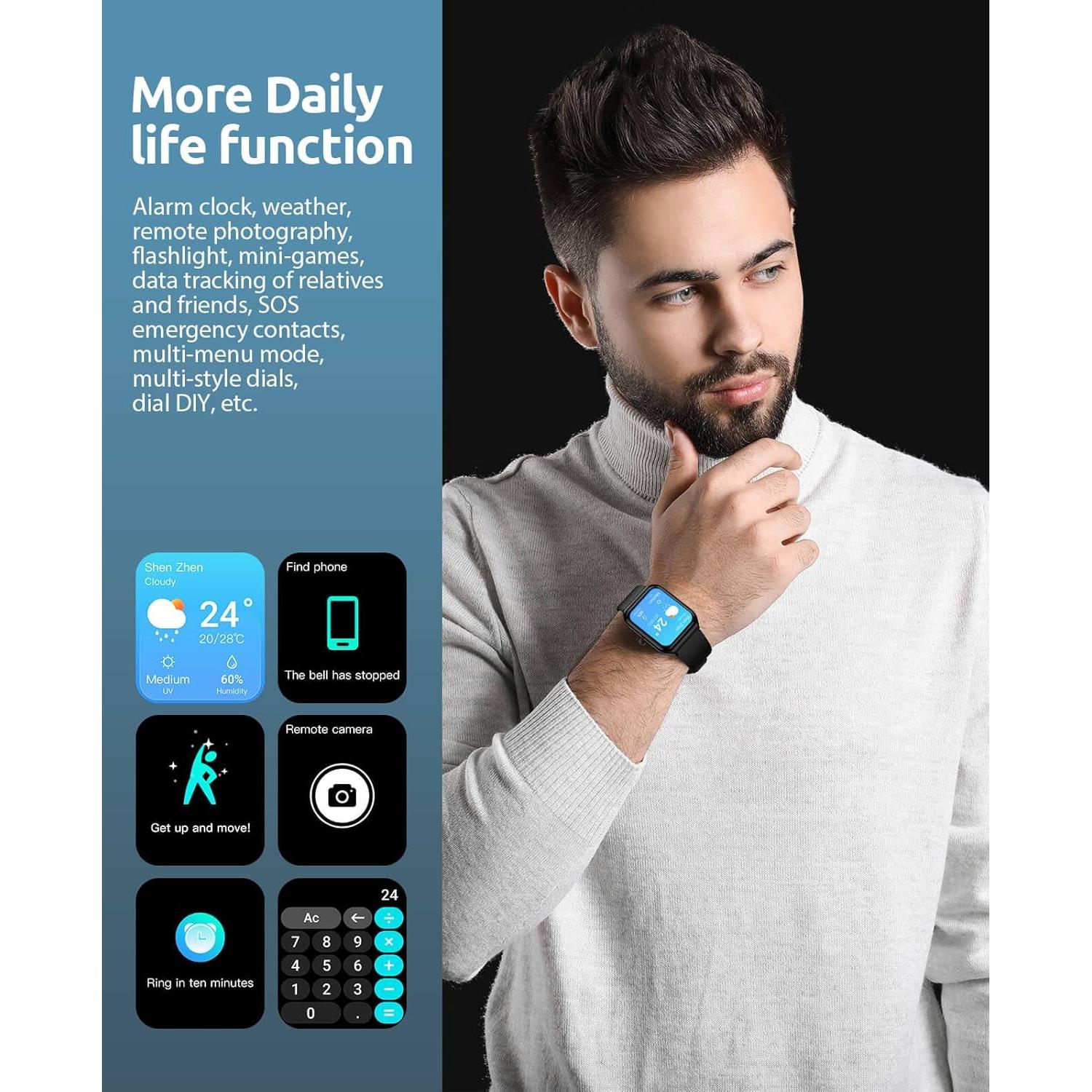 Smart Watch for Men Women with SOS Emergency Alert, 1.91" GPS Watcher with 100+ Sports Modes, Blood Pressure/Blood Oxygen/Heart Rate/Sleep Monitor, IP68 Waterproof Smartwatch for Android iOS