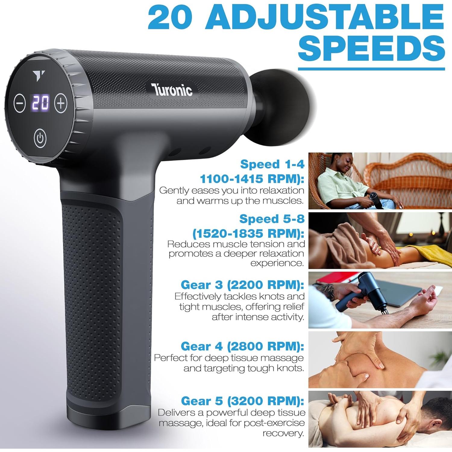 Pistola de Masaje Turonic GM5 - Inalámbrica, 20 Velocidades, 7 Cabezas