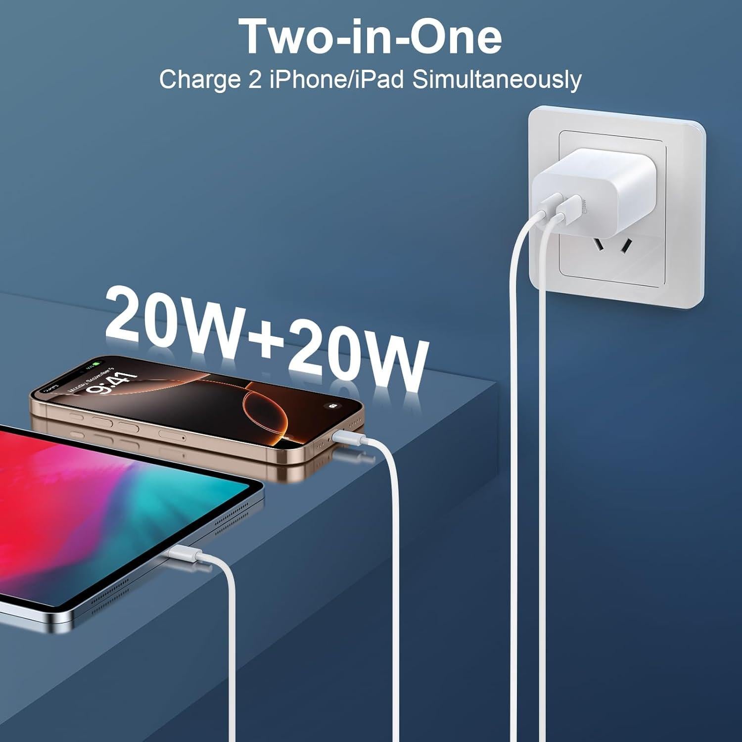 Cargador Rápido USB C 20W Doble Puerto + Cable 10FT iPhone 16 15