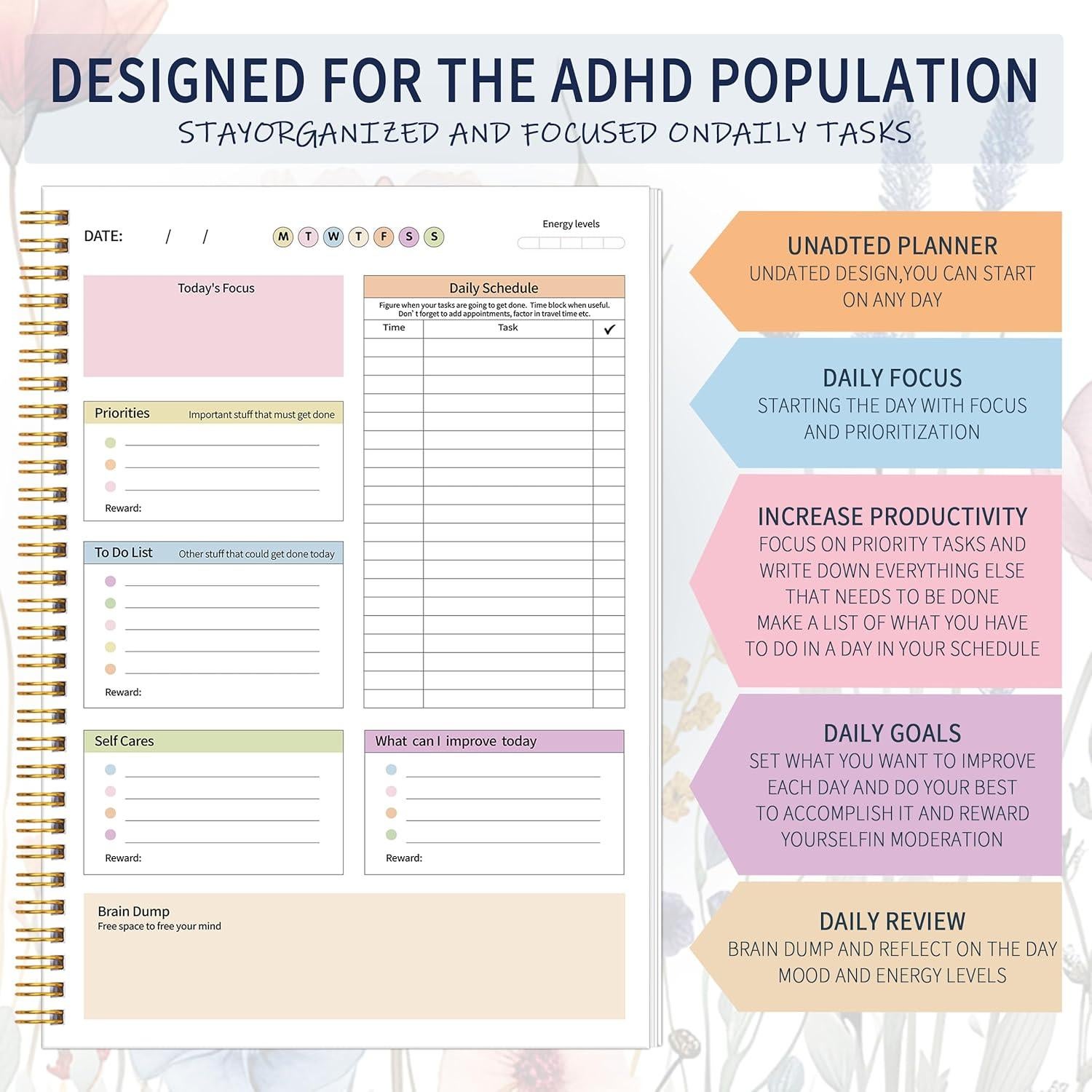 Planificador Diario No Fechado meDolove B5 Flores Azules