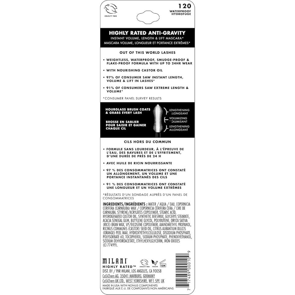 Máscara de Pestañas a Prueba de Agua Milani 32g Volumen y Longitud