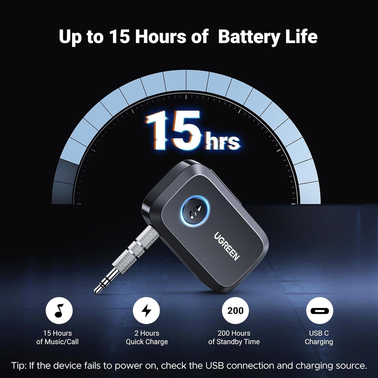 Adaptador Bluetooth UGREEN 5.4 Aux 3.5mm para Coche - 15H Batería