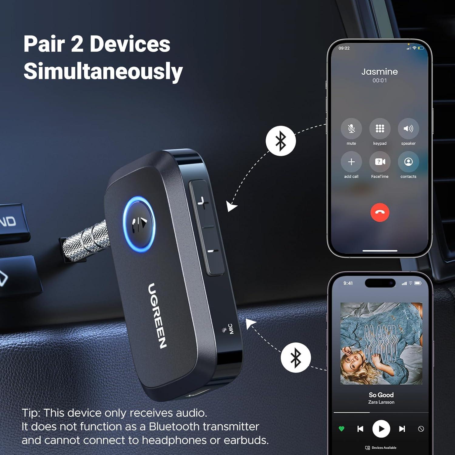 Adaptador Bluetooth UGREEN 5.4 Aux 3.5mm para Coche - 15H Batería