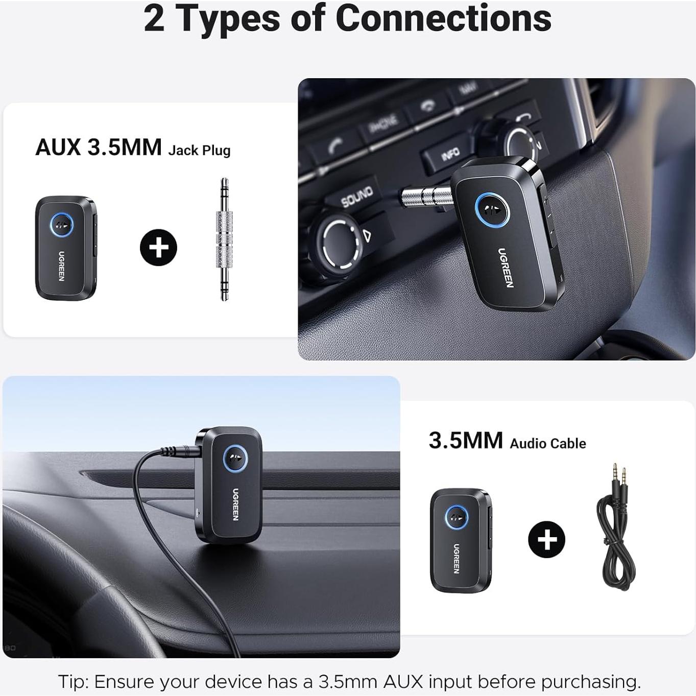 Adaptador Bluetooth UGREEN 5.4 Aux 3.5mm para Coche - 15H Batería