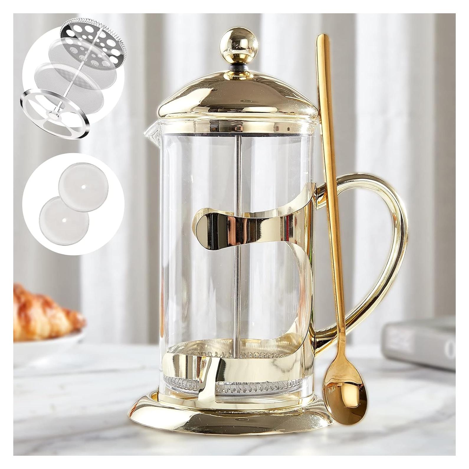 Prensa Francesa de Café DUJUST Dorada 1L con Filtro 4 Niveles