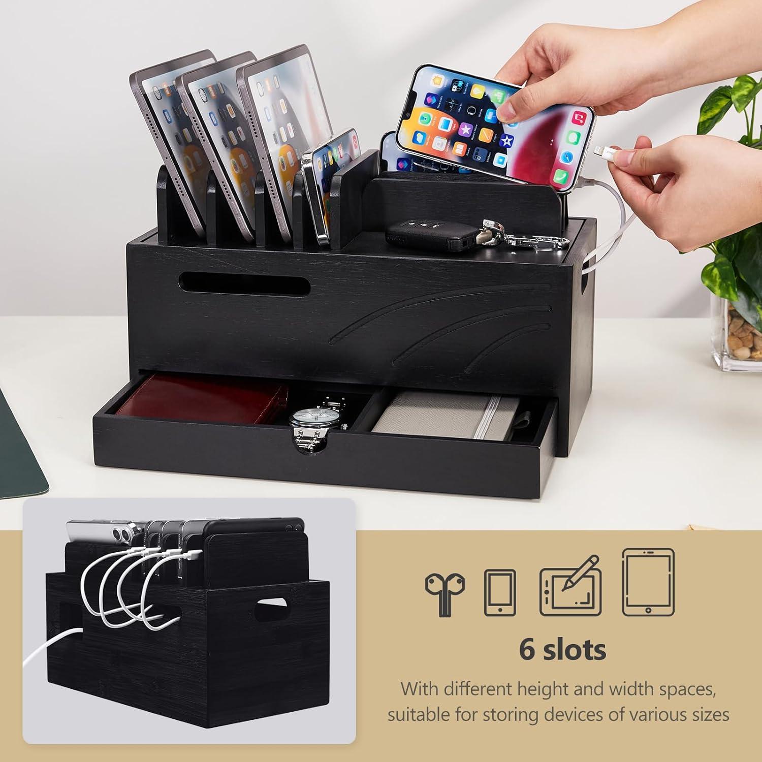 Estación de Carga de Bambú Homde con 6 Ranuras Organizador