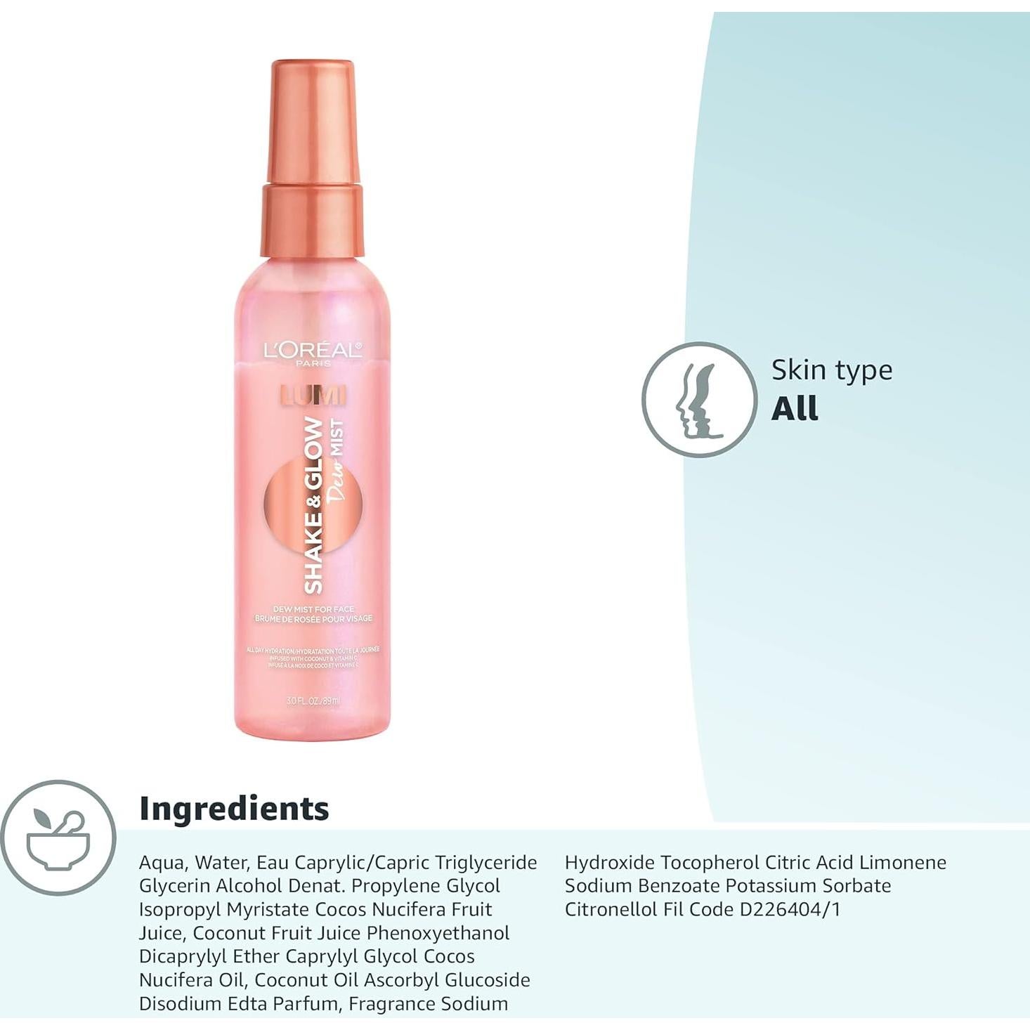 Spray Facial Hidratante L'Oreal Paris LUMI 89 ml - Prepara y Fija Maquillaje