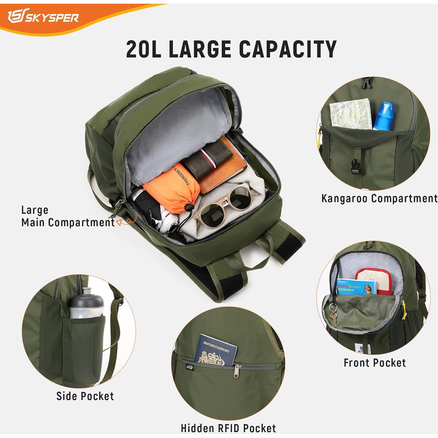 Mochila de Senderismo Plegable SKYSPER 20L Verde Militar