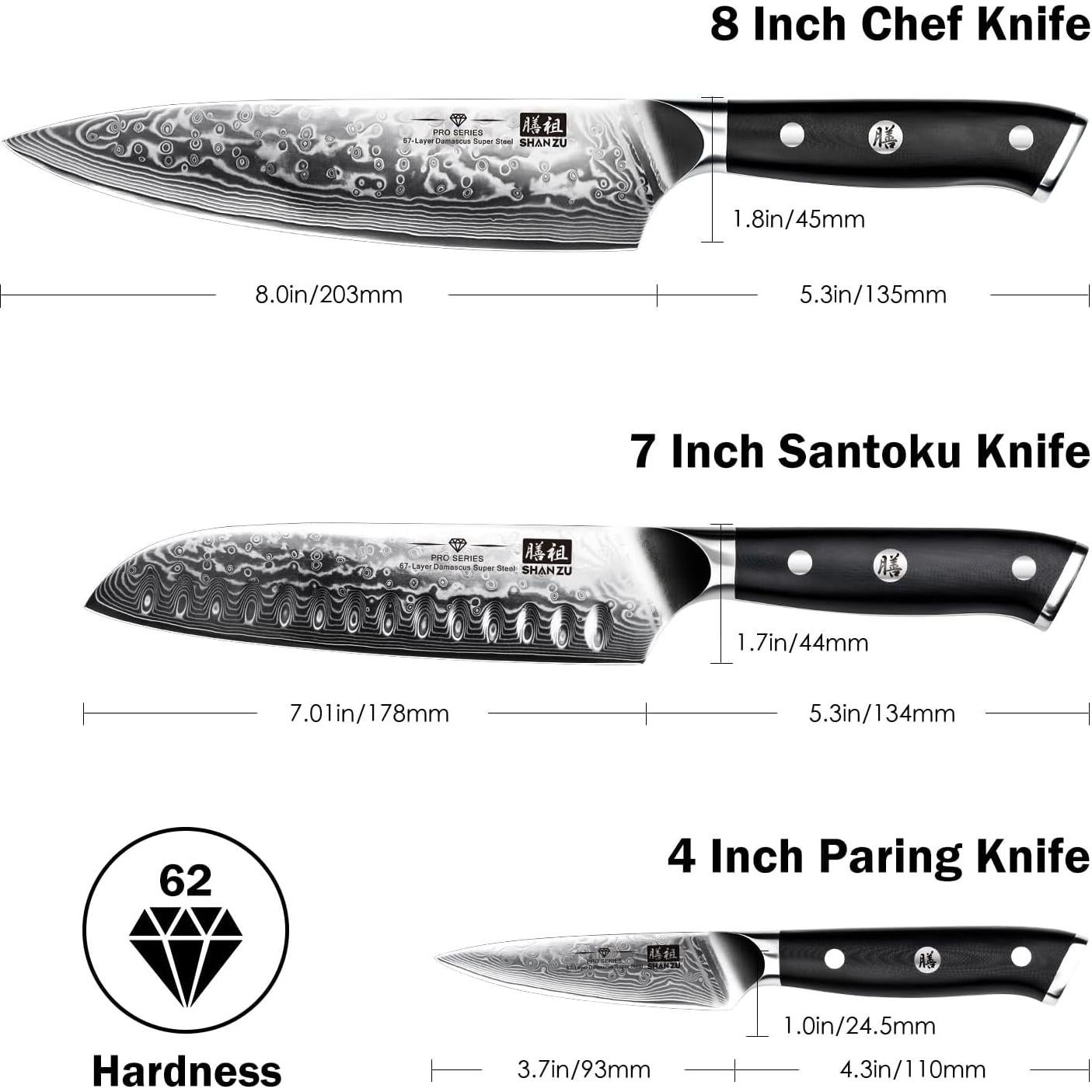 Juego de cuchillos de Damasco SHAN ZU 3 piezas acero japonés