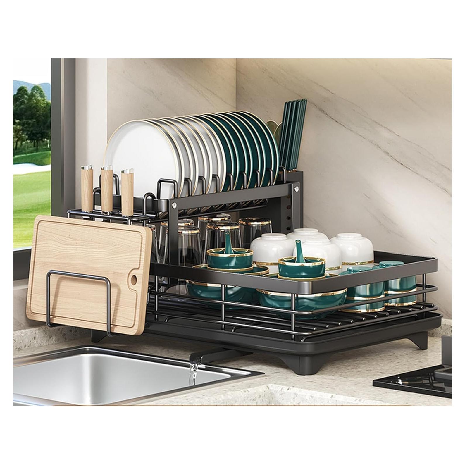 Escurridor de Platos de 2 Niveles BCWW - Negro, Drenaje Eficiente