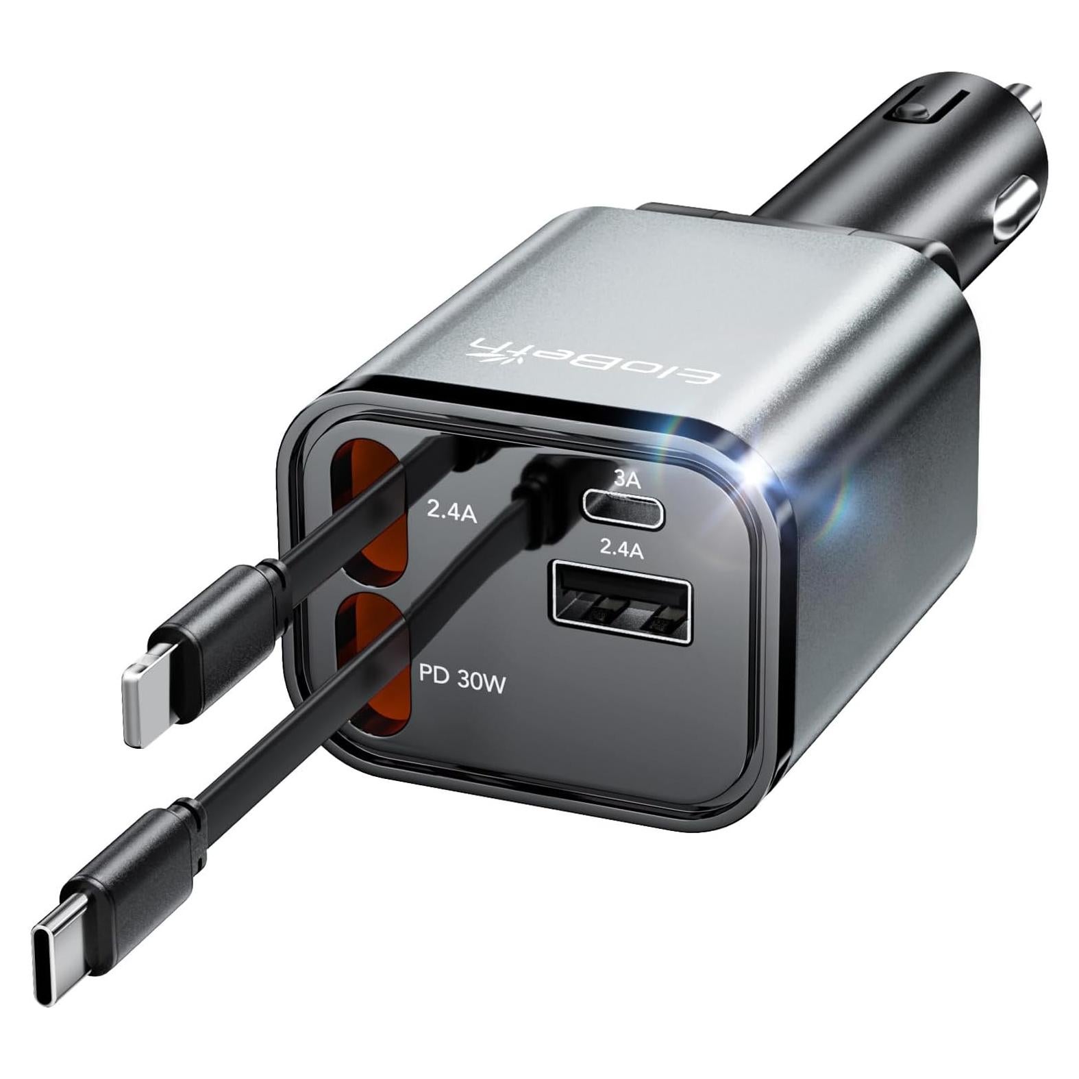 Cargador de Coche Retráctil EloBeth 69W 4 en 1 USB C