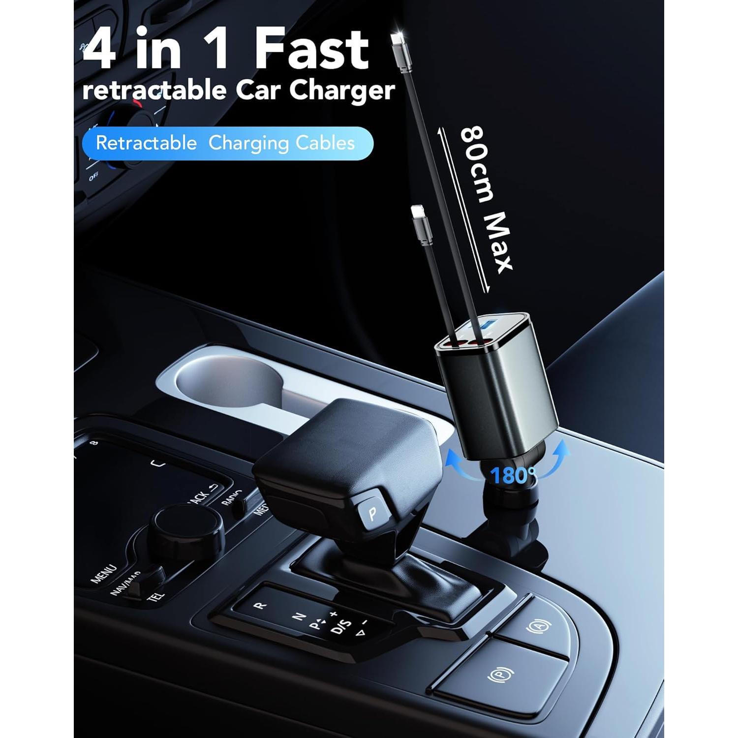 Cargador de Coche Retráctil EloBeth 69W 4 en 1 USB C