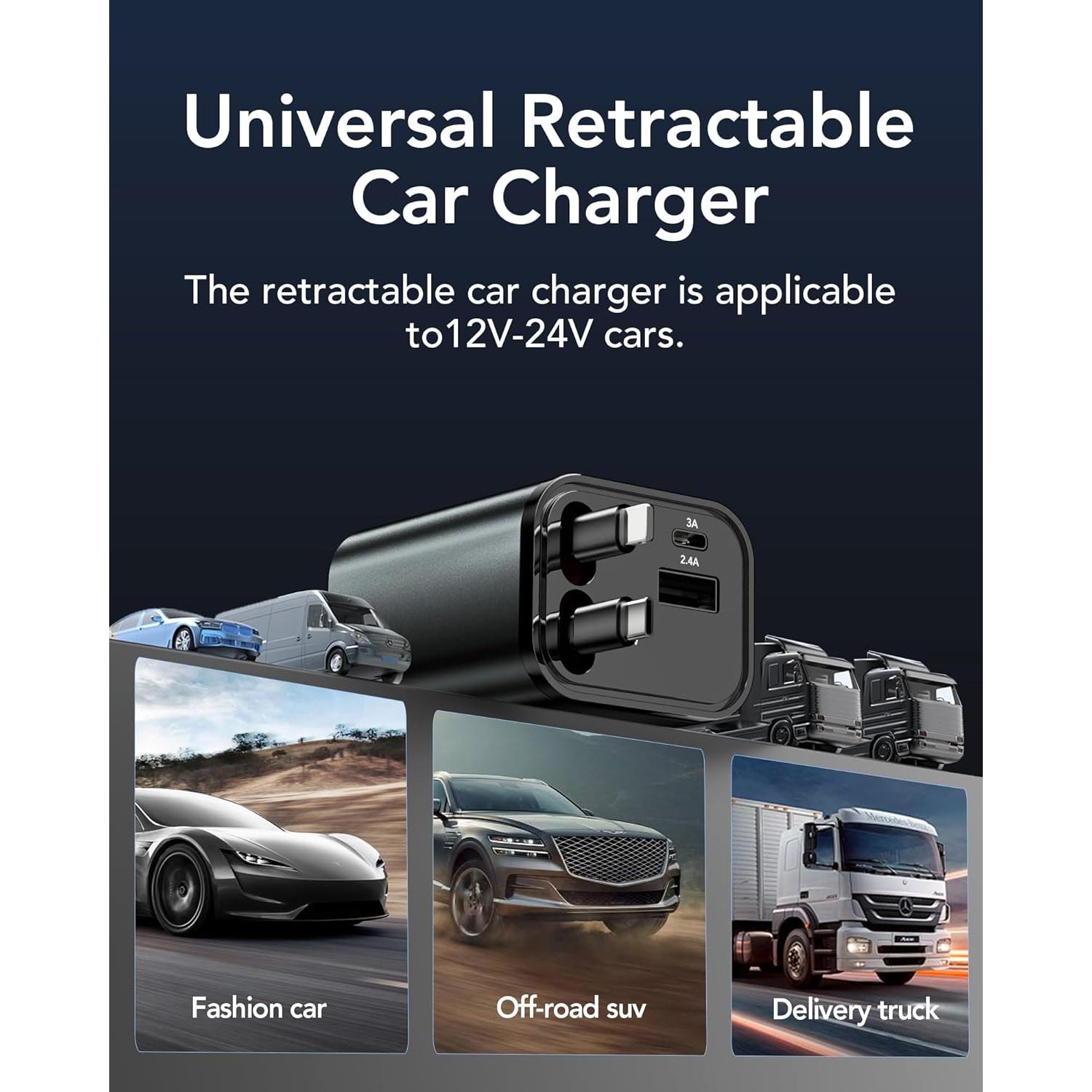 Cargador de Coche Retráctil EloBeth 69W 4 en 1 USB C