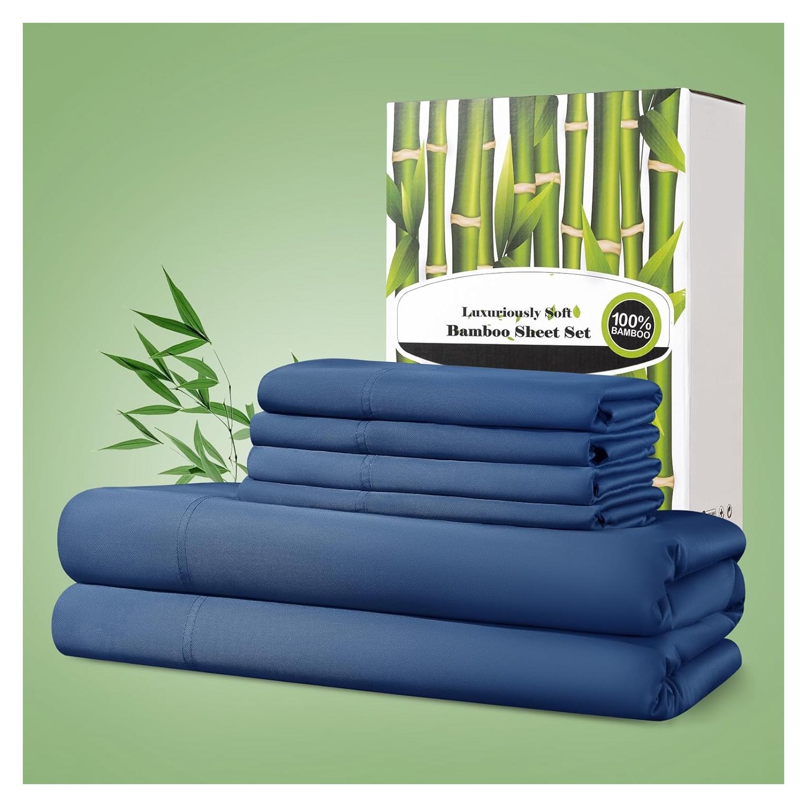 Juego de Sábanas Rey Shilucheng 100% Viscosa Bambú 6 Piezas Azul Marino