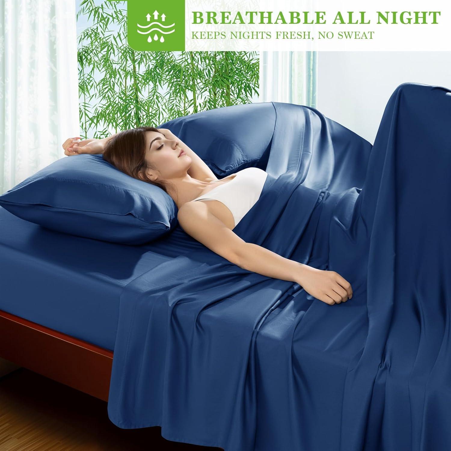 Juego de Sábanas Rey Shilucheng 100% Viscosa Bambú 6 Piezas Azul Marino