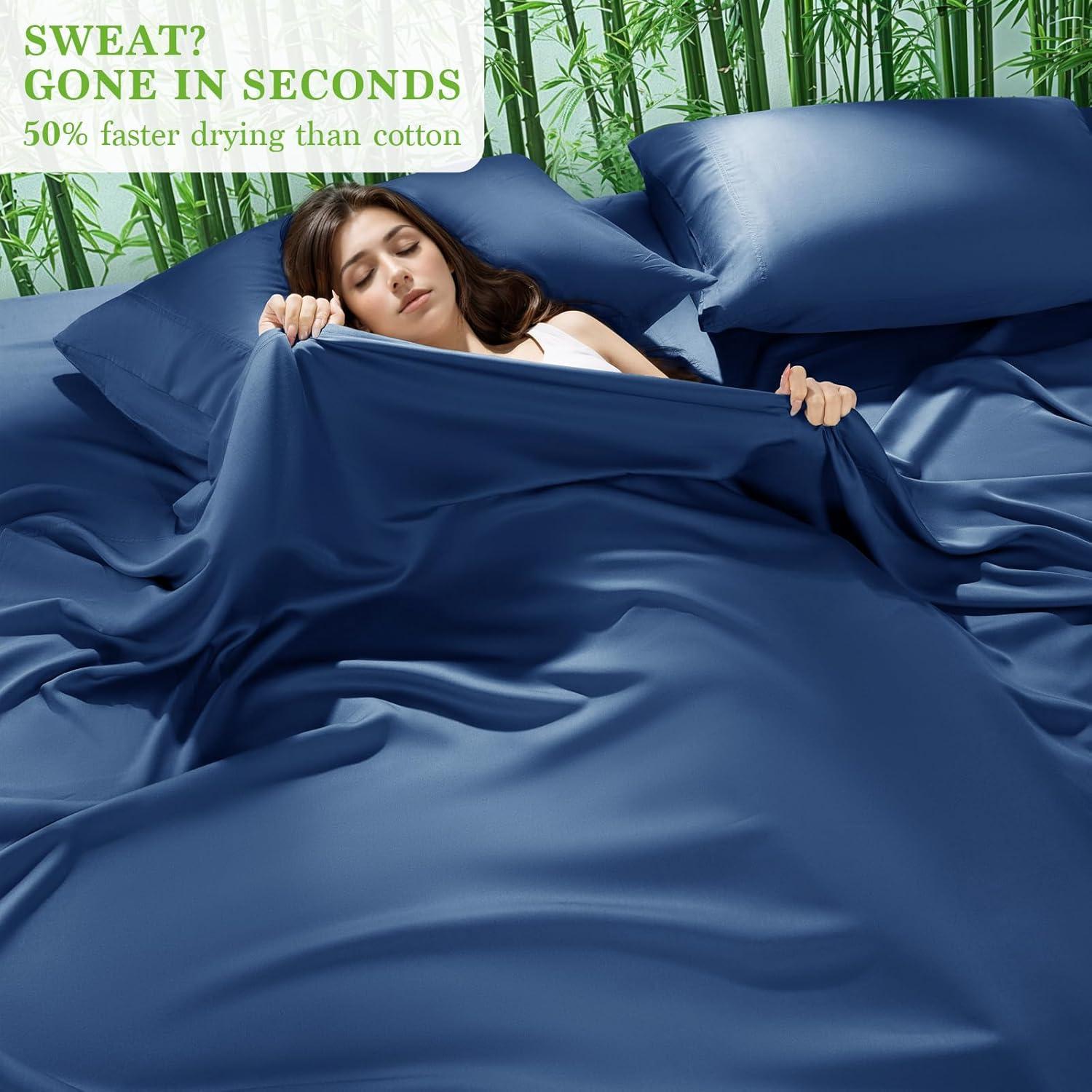 Juego de Sábanas Rey Shilucheng 100% Viscosa Bambú 6 Piezas Azul Marino