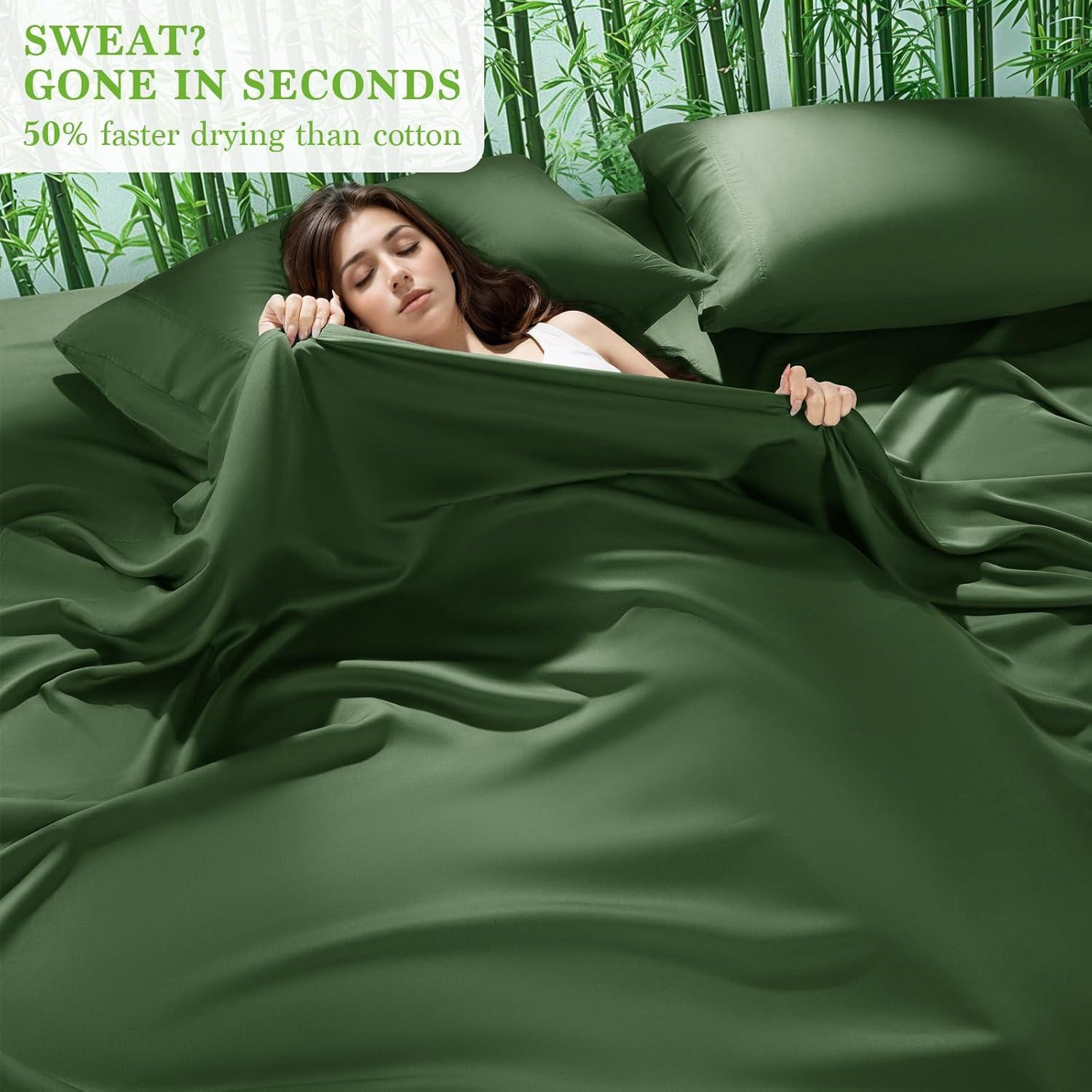 Juego de Sábanas Rey Shilucheng 100% Viscosa Bambú 6 Piezas Verde Oliva