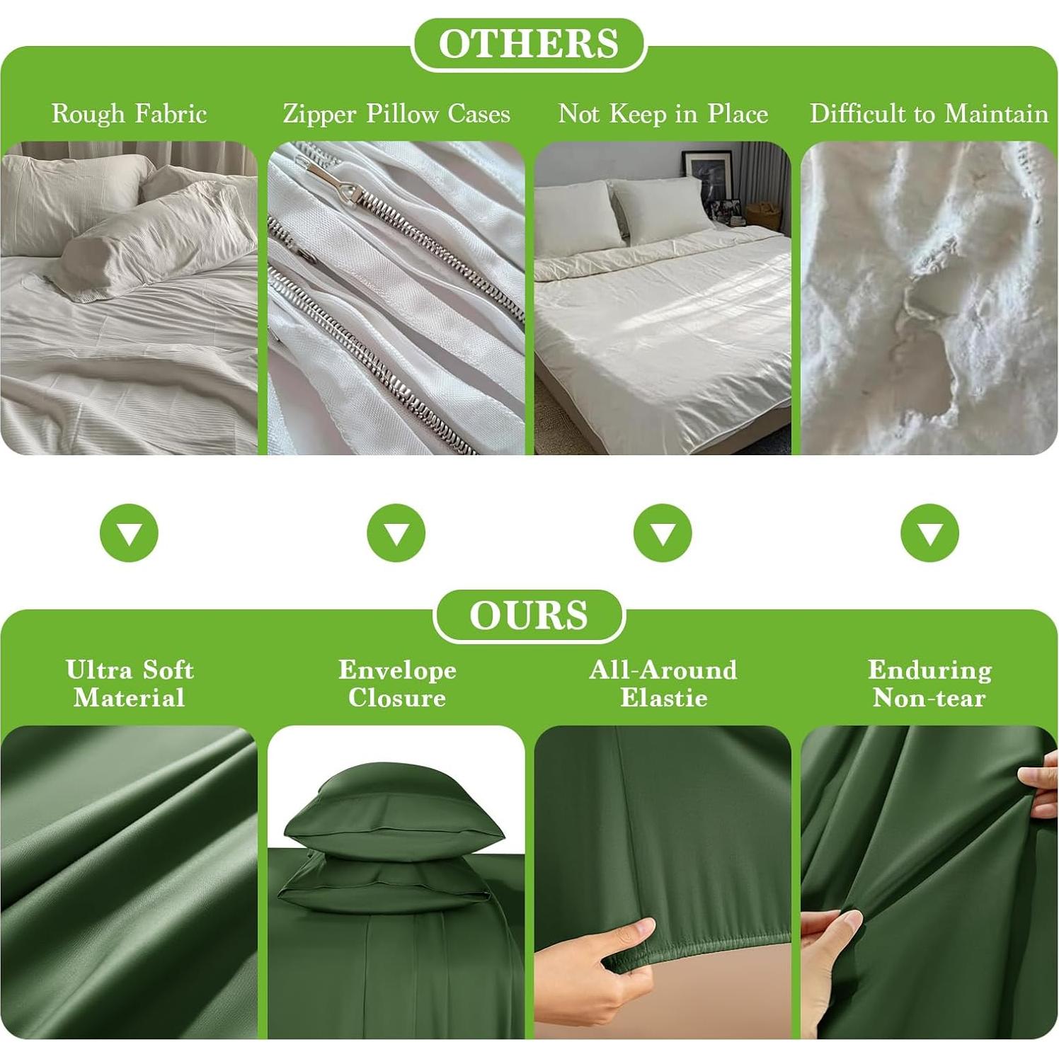 Juego de Sábanas Rey Shilucheng 100% Viscosa Bambú 6 Piezas Verde Oliva