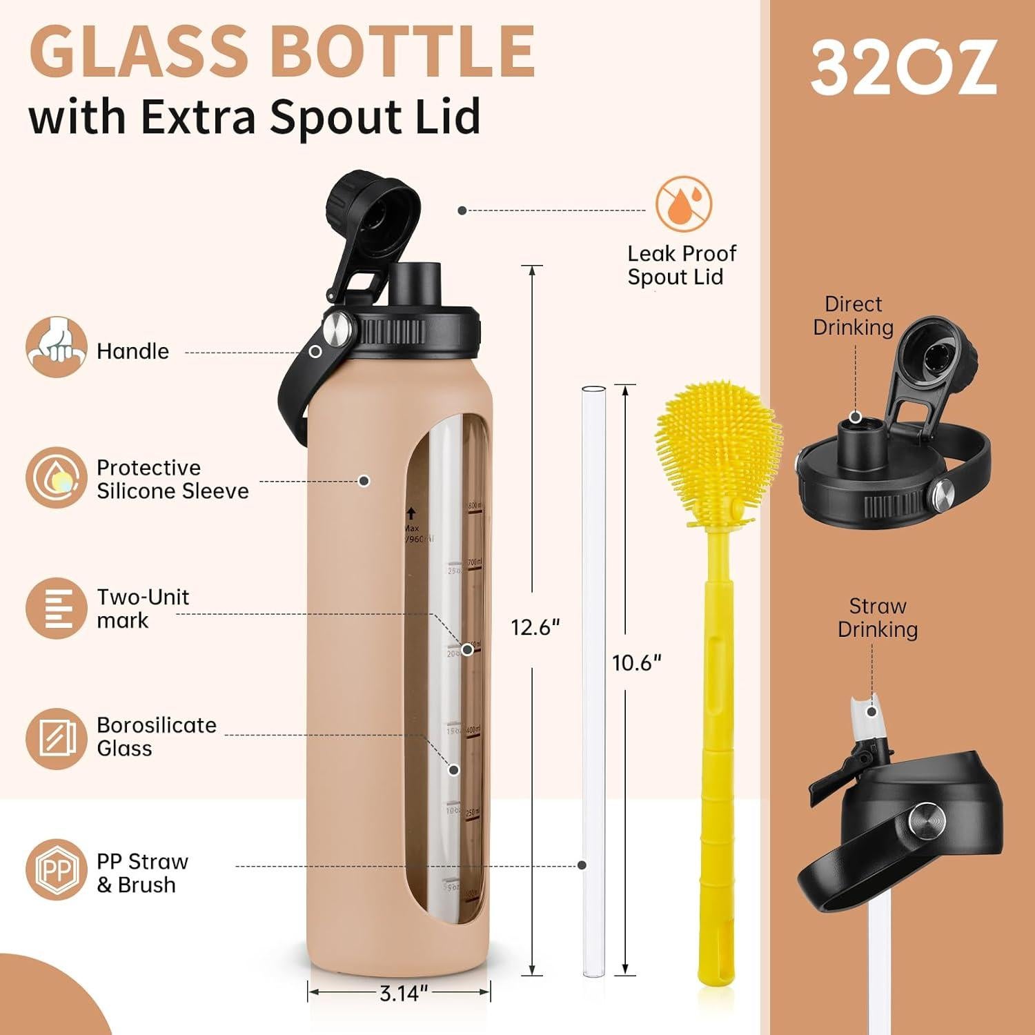 Botella de Agua de Vidrio Sierozur 1 Litro con 2 Tapas