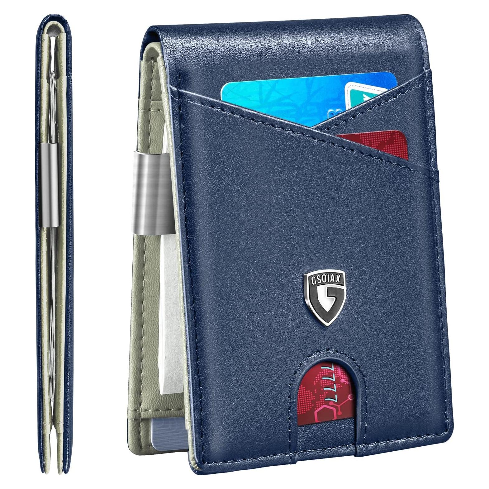 GSOIAX Slim Leather RFID Bifold Wallet for Men Minimalist Front Pocket Wallet with Money Clip, 12 Card Slots, ID Window, Cool Groove Design, Includes Gift Box(Dark Blue and Beige)