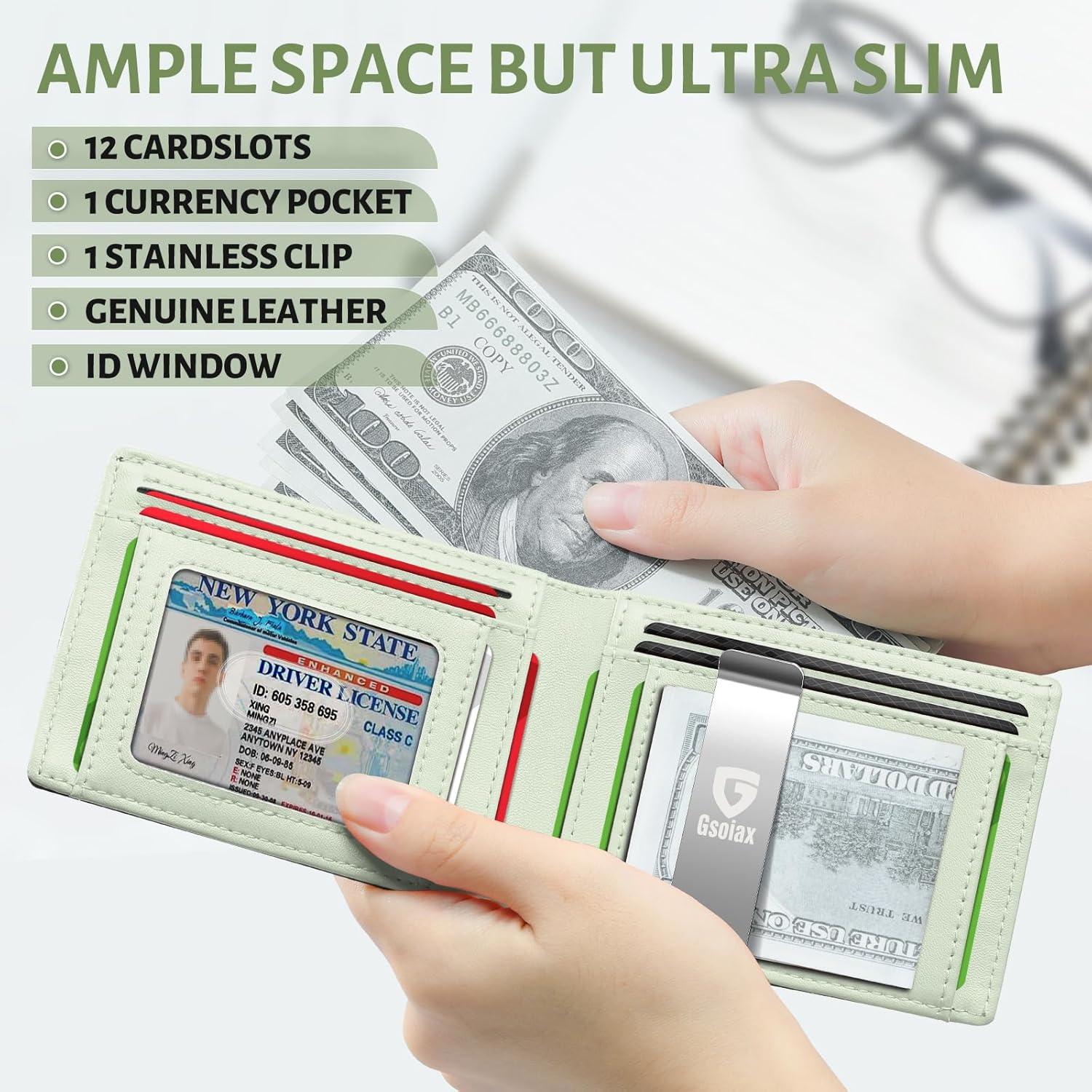 GSOIAX Slim Leather RFID Bifold Wallet for Men Minimalist Front Pocket Wallet with Money Clip, 12 Card Slots, ID Window, Cool Groove Design, Includes Gift Box(Dark Blue and Beige)