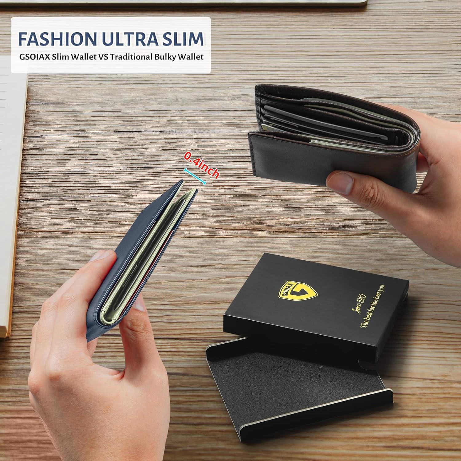 GSOIAX Slim Leather RFID Bifold Wallet for Men Minimalist Front Pocket Wallet with Money Clip, 12 Card Slots, ID Window, Cool Groove Design, Includes Gift Box(Dark Blue and Beige)