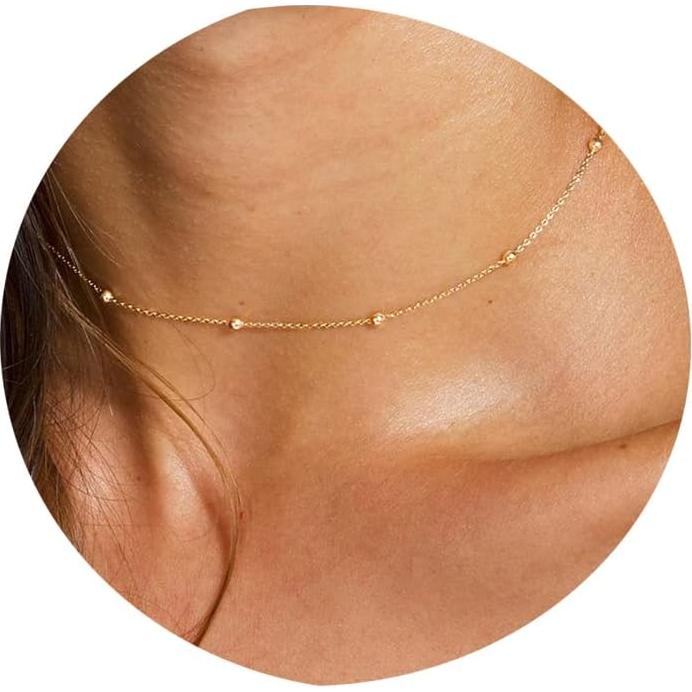 Collar Choker de Oro Tewiky con Cuentas Delgadas 14k