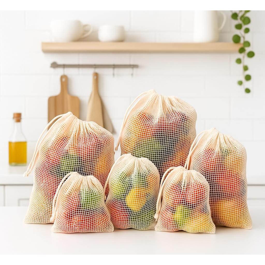 Bolsas de Malla Reutilizables Orgánicas 100% Algodón - 6 Pcs