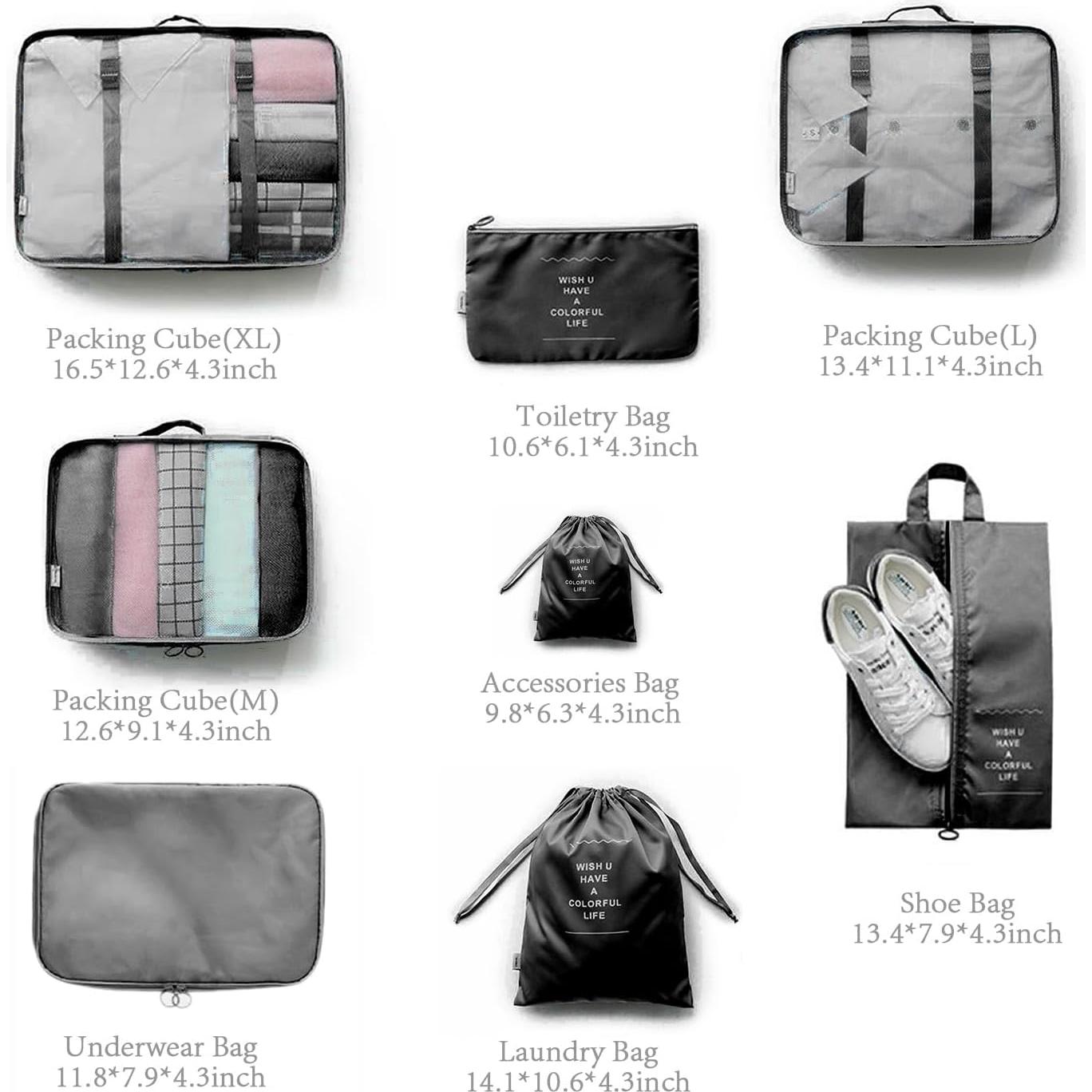 Juego de 8 Cubos de Empaque LOVCY - Organizadores de Viaje Negro