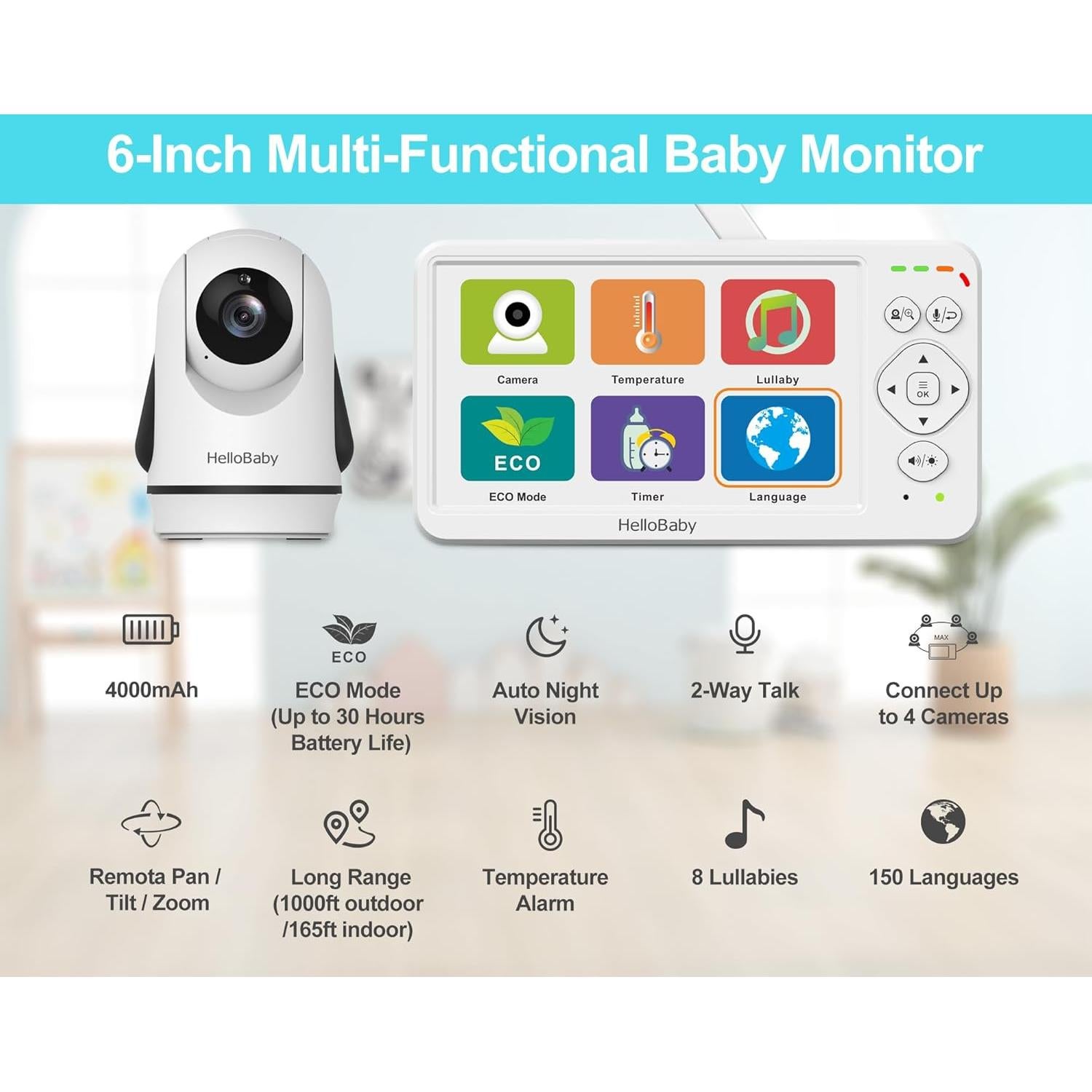 Monitor de Bebé HelloBaby HB6363 con Cámara 6" y Audio