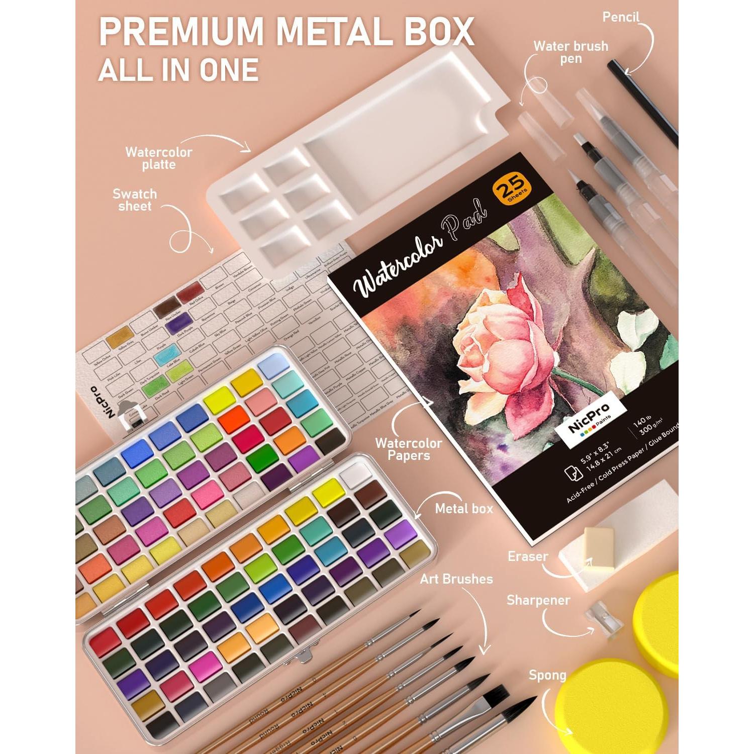 Conjunto de Pintura Acuarela Nicpro 100 Colores con Pinceles y Papel