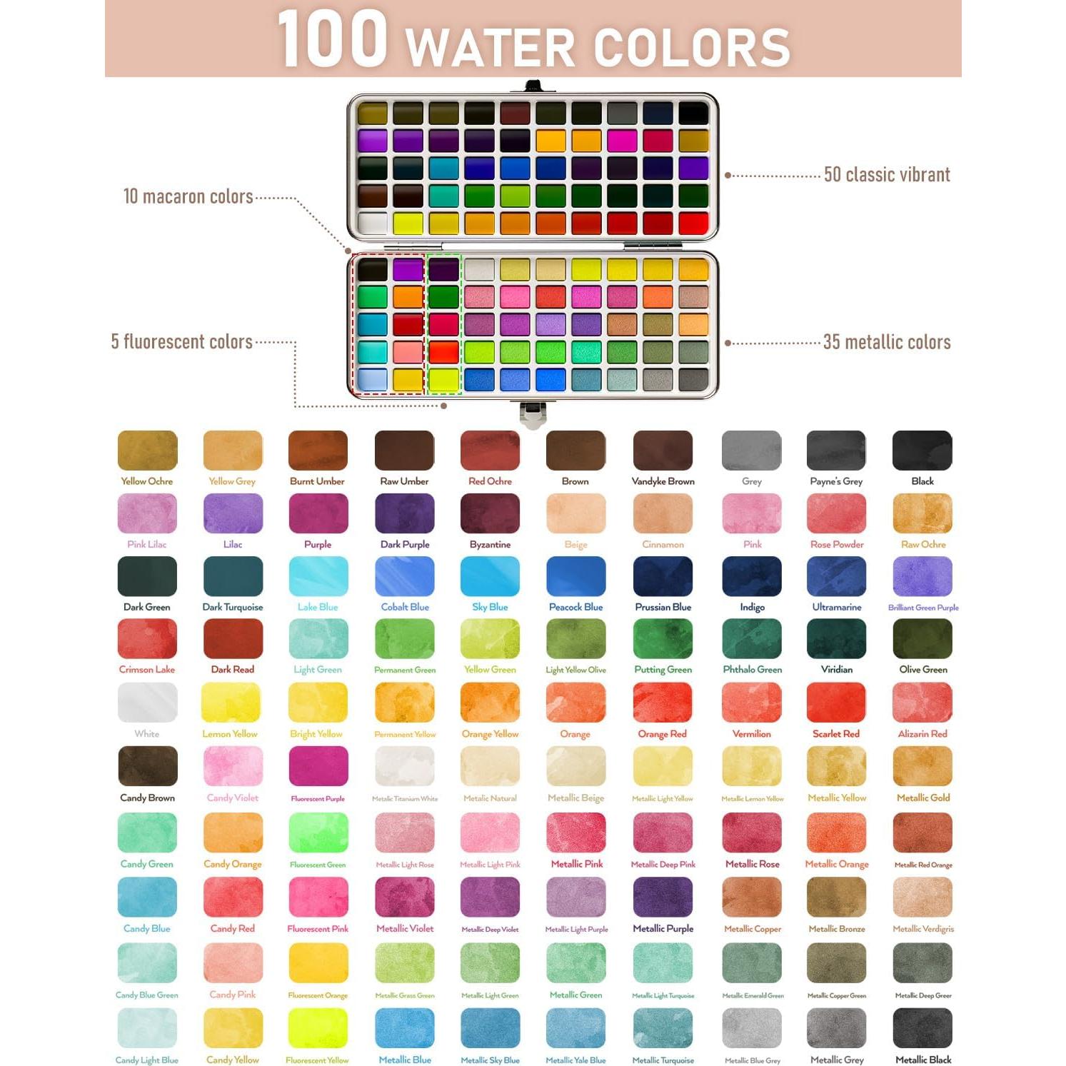 Conjunto de Pintura Acuarela Nicpro 100 Colores con Pinceles y Papel