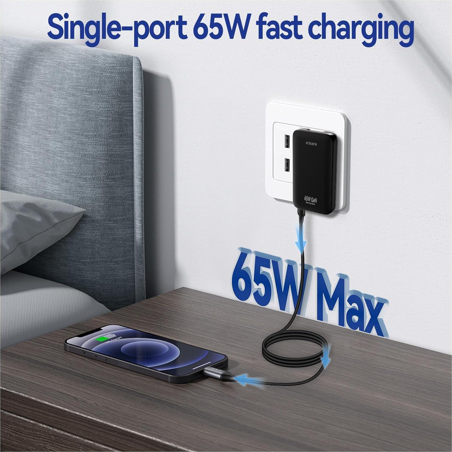 Cargador de pared USB-C 65W XSUFR con cable 0.69m negro