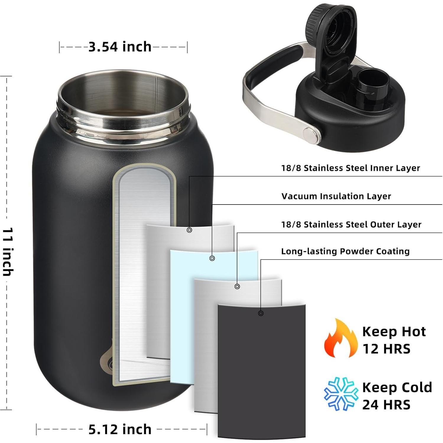 Botella de Agua Aislada BJPKPK 1.89L con Mango Metal Negro