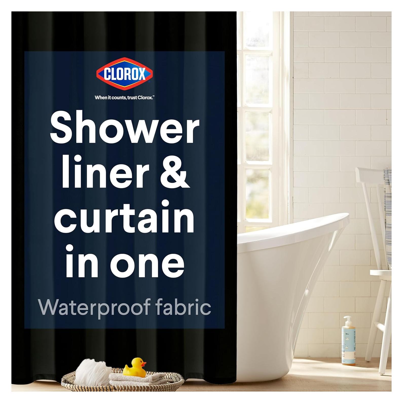 Cortina de Ducha CLOROX 2-en-1 Tela Impermeable 182x182cm Negro