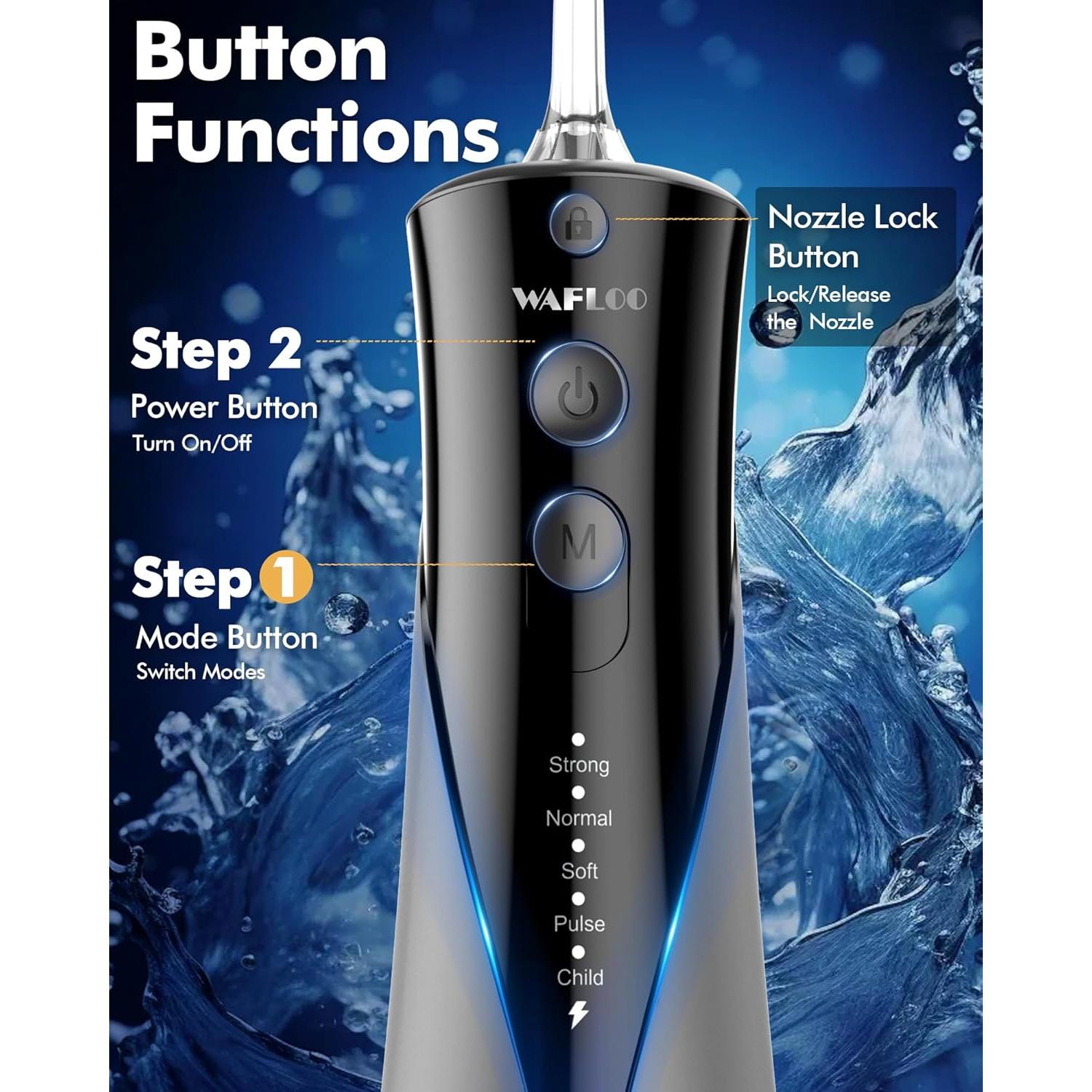 Hilo Dental Eléctrico WAFLOO Y206B - 5 Modos, 300ml, IPX7