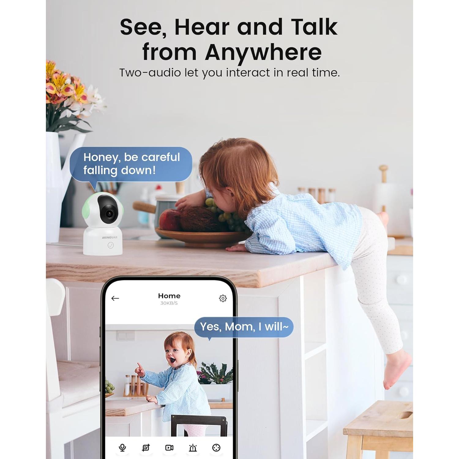 Cámara de Seguridad Interior 2K AKINGUAR Verde 360° Wi-Fi